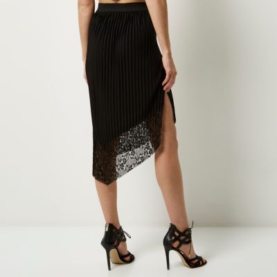Black asymmetric pleated lace skirt